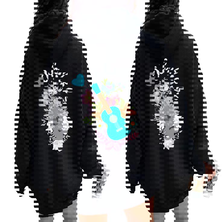 ウクレレギフト 70年代の花のウクレレ奏者 レディース オーバーサイズ パーカー バックプリント