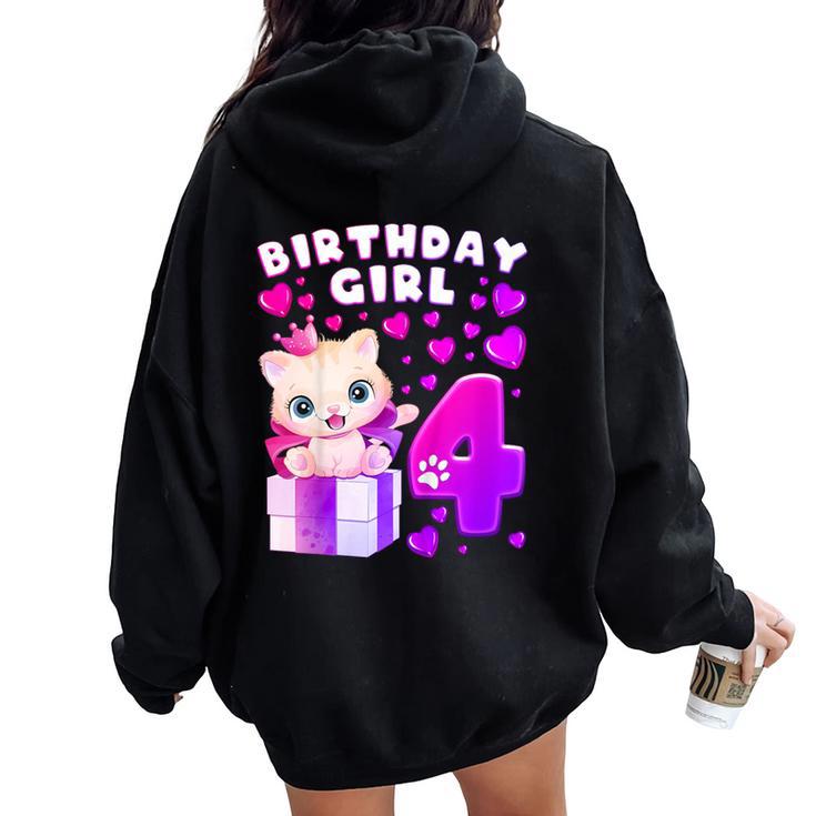 キッズ 4歳の誕生日、4歳の女の子、子猫、番号4 レディース オーバーサイズ パーカー バックプリント