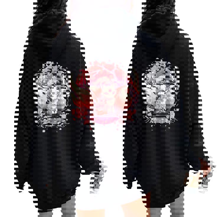 キツネ キツネ 九尾キツネ 桜花 レディース オーバーサイズ パーカー バックプリント