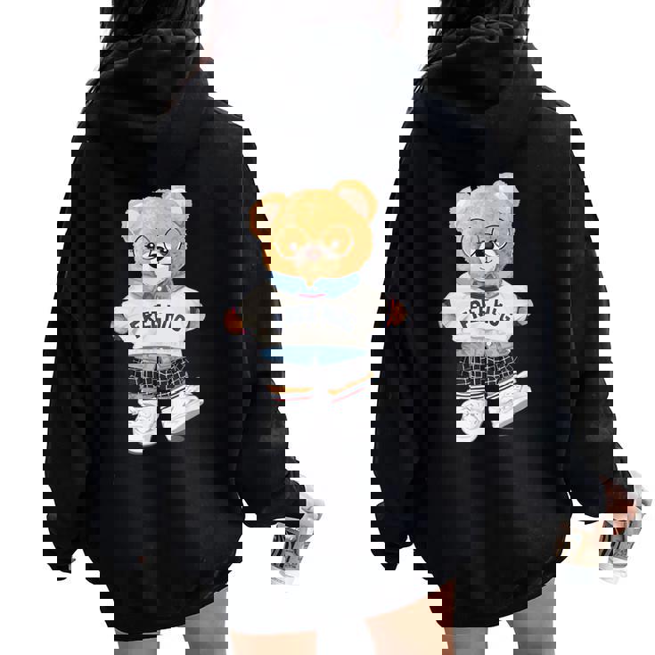 クールなテディベアの女の子と無料の抱擁イラストグラフィック。 レディース オーバーサイズ パーカー バックプリント