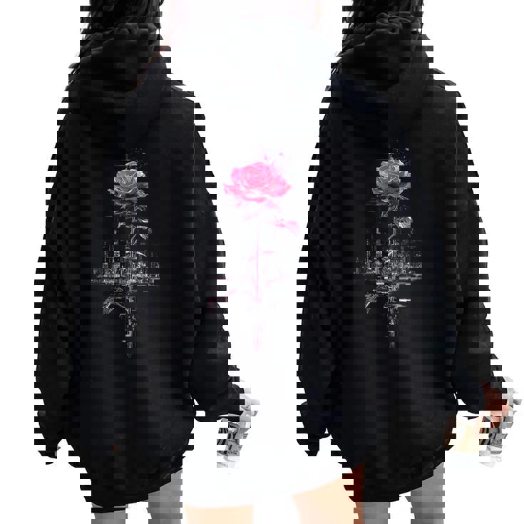 バラ 花 イラスト グラフィック 抽象 ピクセルアート バラ レディース オーバーサイズ パーカー バックプリント