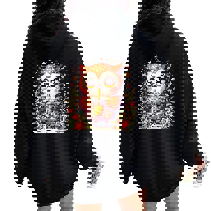 フクロウ ドリンク ボバ ティー ボヘミアン 羽 女の子 花 ニューエイジ レディース オーバーサイズ パーカー バックプリント