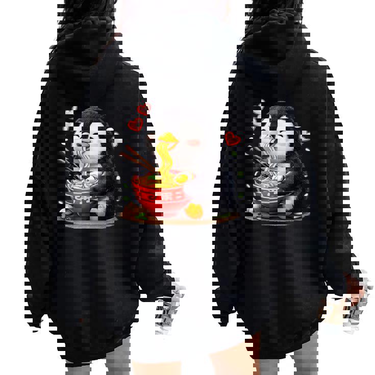 ペンギン食べる ラーメン 麺 ペンギン 男の子 女の子 キッズ 大人 レディース オーバーサイズ パーカー バックプリント