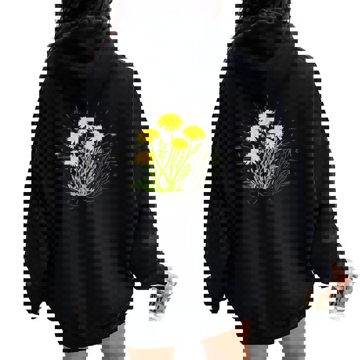 星と水晶の先端の夏の花とタンポポ レディース オーバーサイズ パーカー バックプリント