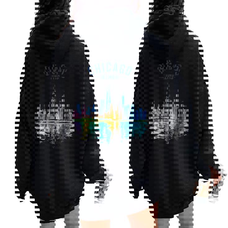 Chicago Illinois Skyline Vintage Watercolor Scenic Travel Women Oversized Hoodie Back Print