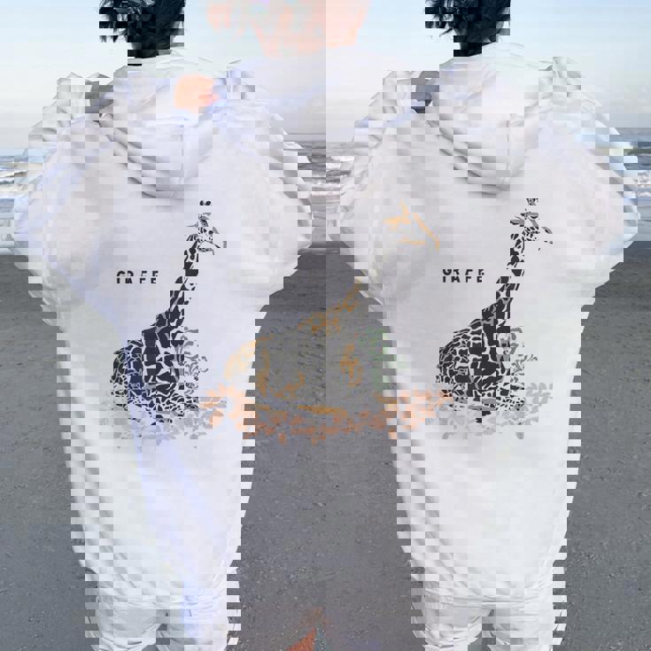 Giraffe キリン イラスト おしゃれ かっこいい キリンの絵 リアル 熱帯の花 野生生物 キリン好き レディース オーバーサイズ パーカー バックプリント