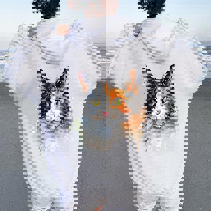 クールな水彩 三毛猫顔 三毛猫 お母さん 猫 お父さん レディース オーバーサイズ パーカー バックプリント