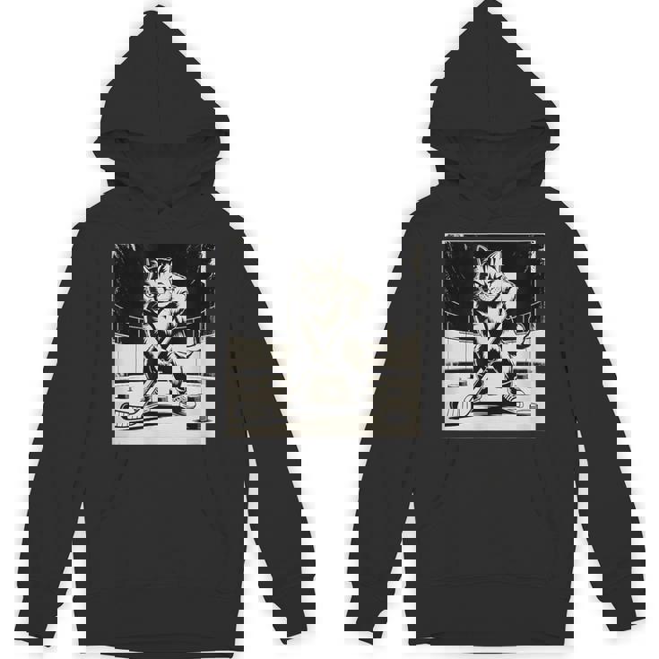 Retro Cat Playing Ice Hockey Stick Skating Sports Unisex Hoodie