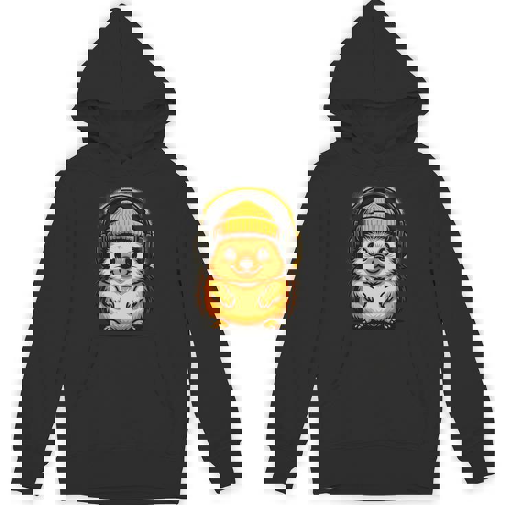 かわいいハリネズミ、ビーニーとヘッドフォン、居心地の良い音楽愛好家。 長袖tシャツ パーカー