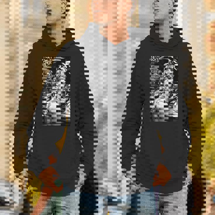 セクシーガールグラフィックtシャツ セクシーブロンドメカニックピンナップガールbw パーカー