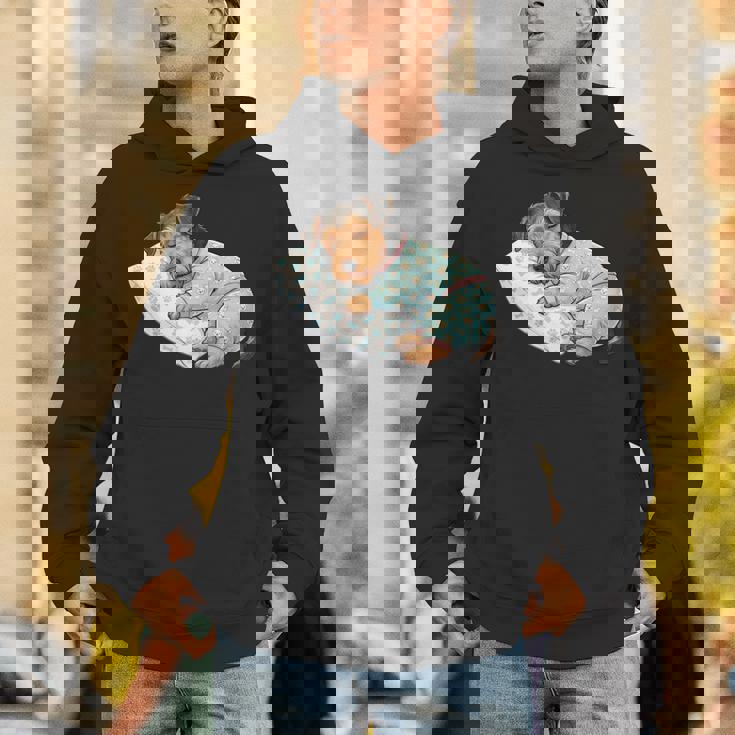 パジャマで寝ているかわいいボストンテリア犬就寝アート 長袖tシャツ パーカー