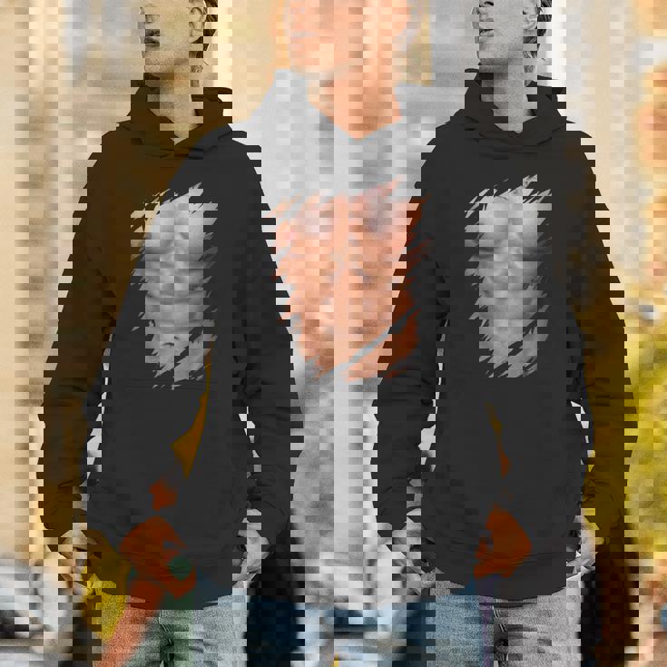 メンズ フェイク マッスル 破れた胸 腹筋 6パック パーカー