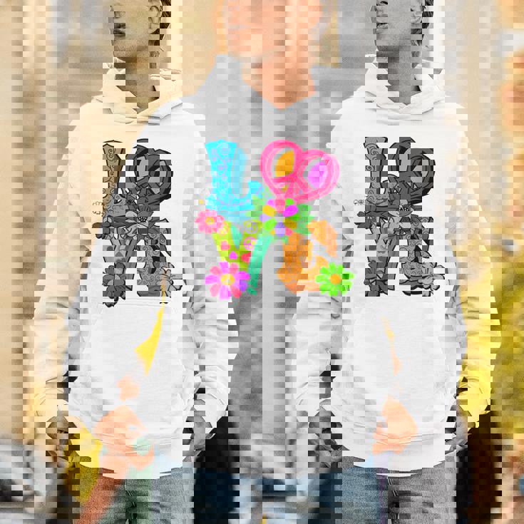 明るくカラフルな愛と平和 ピースサイン フラワートップ パーカー