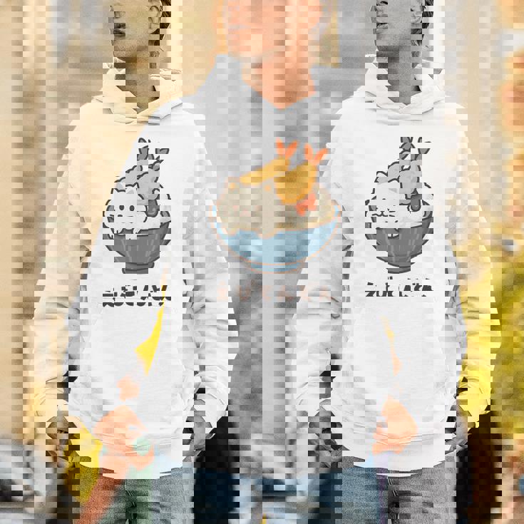 海老天丼 天丼 えび ご飯 ねこ 白猫 天丼好き 猫好き おもしろ かわいい猫 イラスト 猫キャラ 癒し 系 パーカー