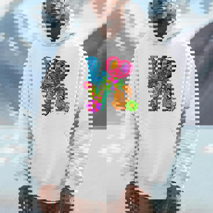 明るくカラフルな愛と平和 ピースサイン フラワートップ パーカー