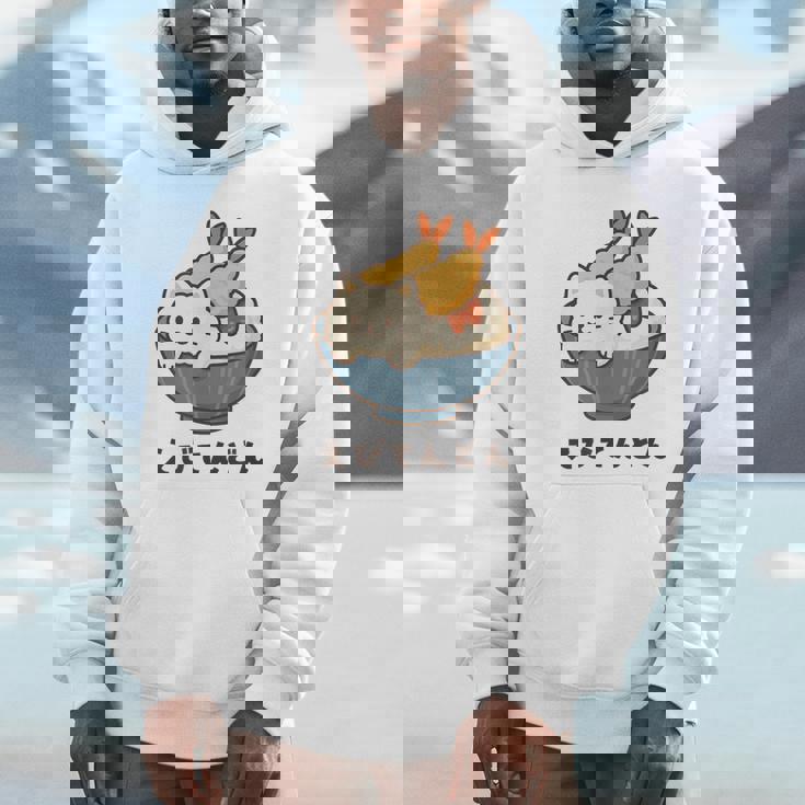 海老天丼 天丼 えび ご飯 ねこ 白猫 天丼好き 猫好き おもしろ かわいい猫 イラスト 猫キャラ 癒し 系 パーカー