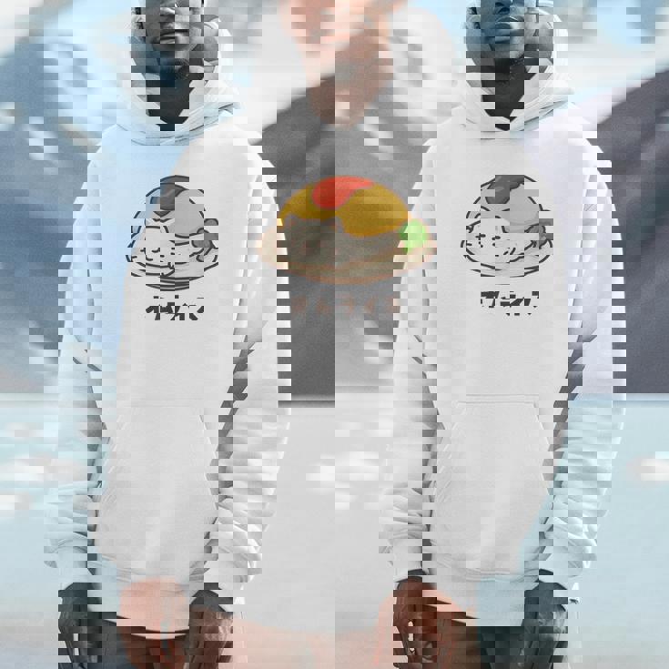 白猫×オムライスのゆるかわイラスト 猫好き・ごはん好き向け おもしろ ネタ系 癒しデザイン パーカー