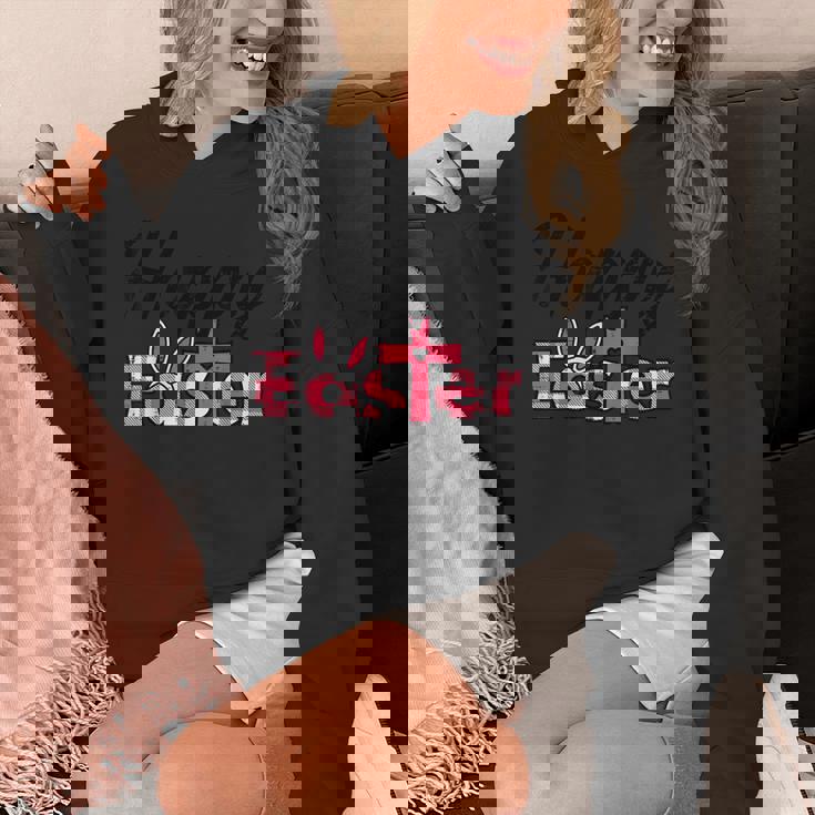 チェック柄ハッピーイースターバニー耳クロスかわいい宗教クリスチャン パーカー