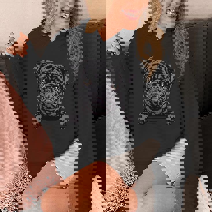 ブラック・パグ・ファニー・ピーキング・ポケット・パピー・ドッグ・ラバー 長袖tシャツ パーカー