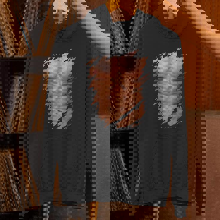 メンズ フェイク マッスル 破れた胸 腹筋 6パック パーカー