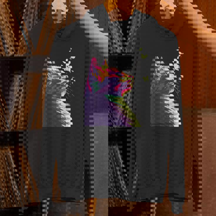 蝶と美しいカラフルな猫、パープル パーカー