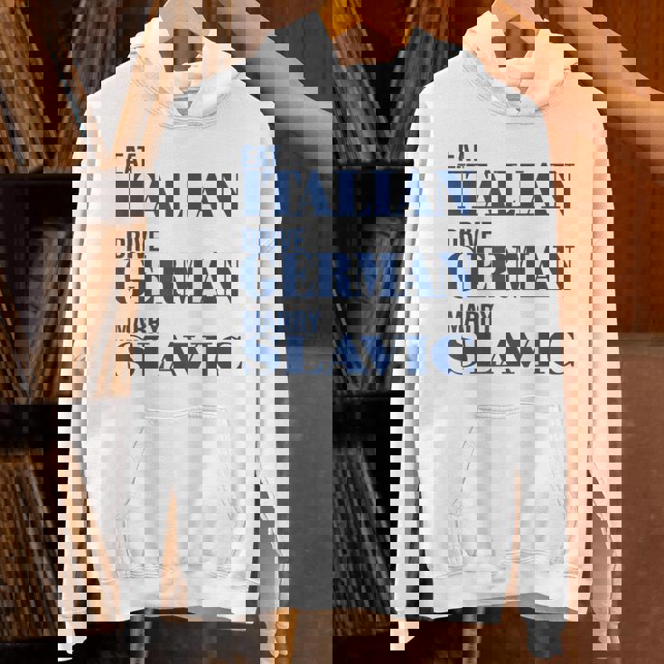 Eat Italian Drive German Marrylavic Quote Car ユーモア パーカー