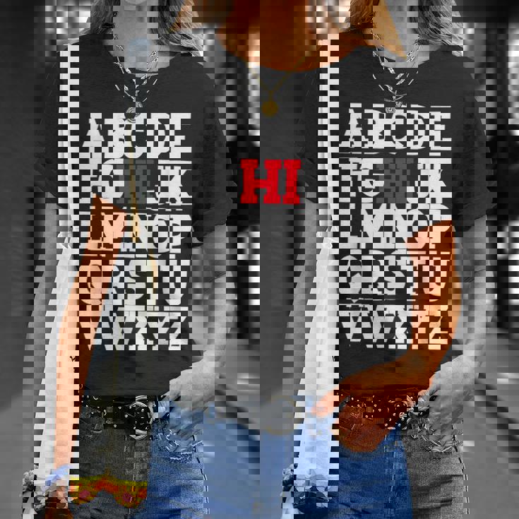 Abcのhiおかしいこんにちはアルファベット学生教師グリーティング Tシャツ 彼女への贈り物