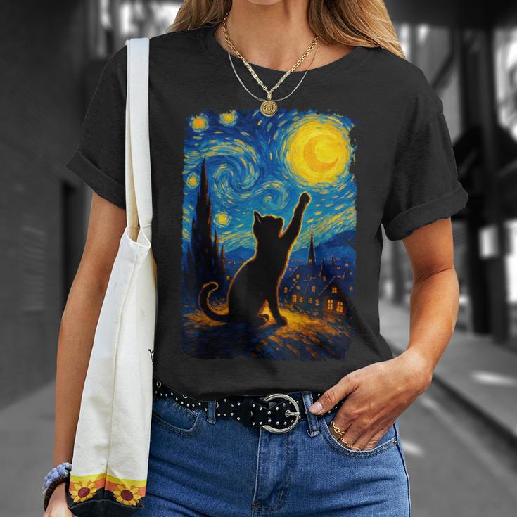 Black Cat Starry Night Van Gogh Cat Cat Mom Cat Dad T-Shirt Gifts for Her