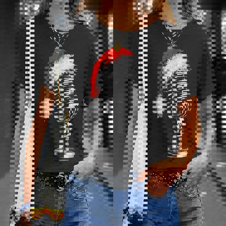 Gorro De Papá Noel Con Micrófono -Intage Karaoke Navidad Amante Camiseta unisex Regalos para ella