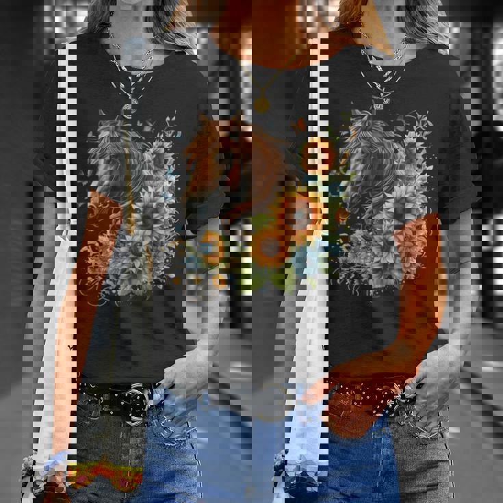 Horse Sunflower Butterfly Country Western Boho Horses Riding T-Shirt Gifts for Her