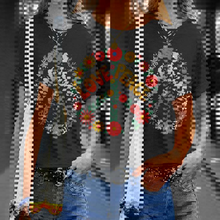 Love Peace Flower Power レトロ ヒッピー フローラル ピースマーク Tシャツ 彼女への贈り物
