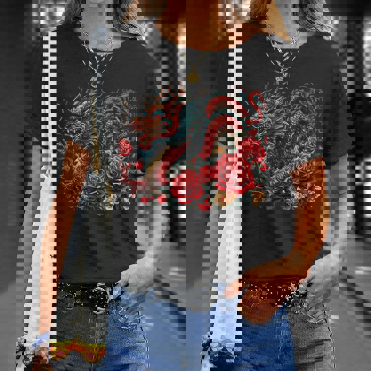 Masque D'anime Japonais Kitsune Dragon Chinois Avec Rose T-Shirt Cadeaux pour elle