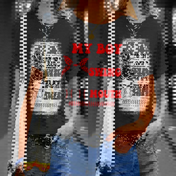 Messy Bun Softball Mom My Boy May Not Always Swing But I Do T-Shirt Gifts for Her