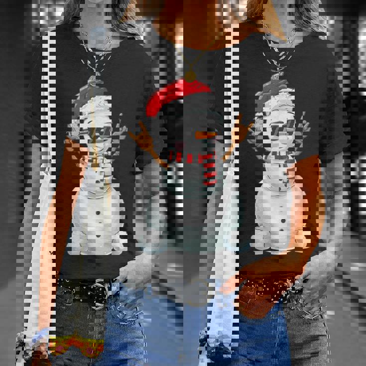 Santa Snowman Rock Hand Sign Language Xmas Rock Music Lover T-Shirt Gifts for Her