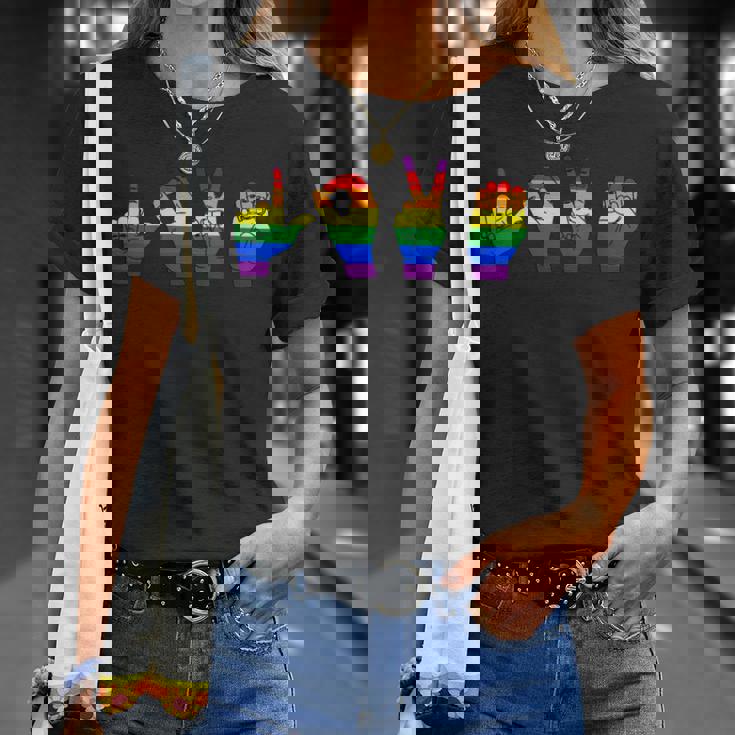 Sign Language Love LGBT Pride Month Rainbow Gay Lesbian T-Shirt Gifts for Her