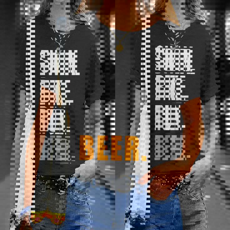 Swim Bike Run スイム バイク ラン ビール トライアスロン トライアスロン スポーツ メンズ レディース Tシャツ 彼女への贈り物