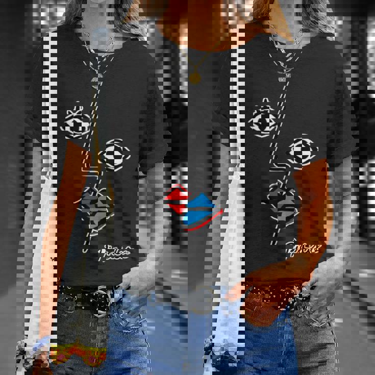 【ピカソ風】顔 男女 キス モダンフェイス（パロディ）【ピカウソ】キュビズム 80年代風 面白い アート 長袖tシャツ Tシャツ 彼女への贈り物