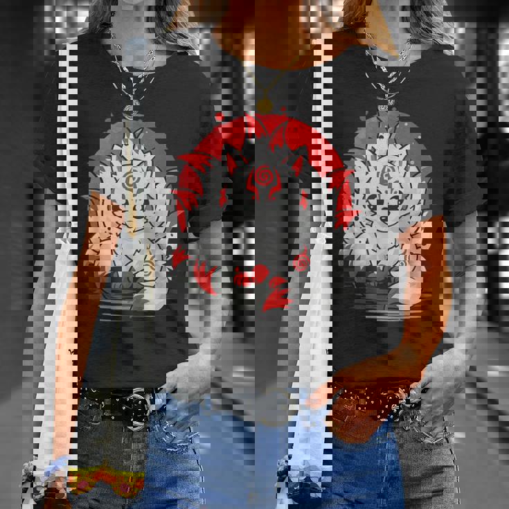 きつね 笑う キツネ 九尾 神話 動物 Tシャツ 彼女への贈り物