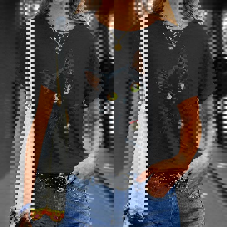 こっそり猫 物陰からじっと見つめる黒猫デザイン Tシャツ 彼女への贈り物