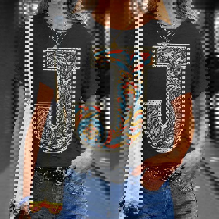 イニシャル 名前 文字 J アルファベット 民芸風 Tシャツ 彼女への贈り物