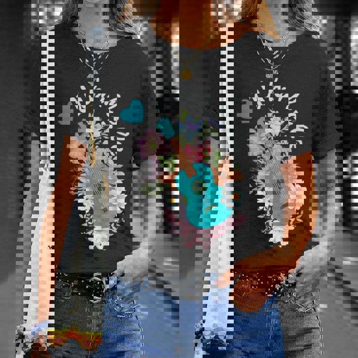 ウクレレギフト 70年代の花のウクレレ奏者 Tシャツ 彼女への贈り物