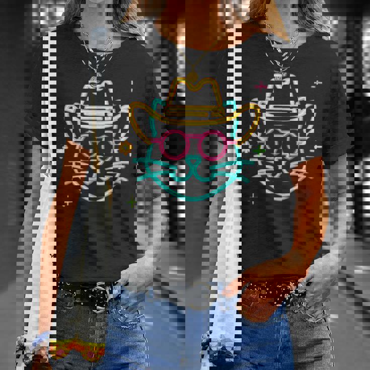 カウボーイ 猫 顔 ラウンド サングラス ウェスタン グラフィック ピンク アニマル Tシャツ 彼女への贈り物