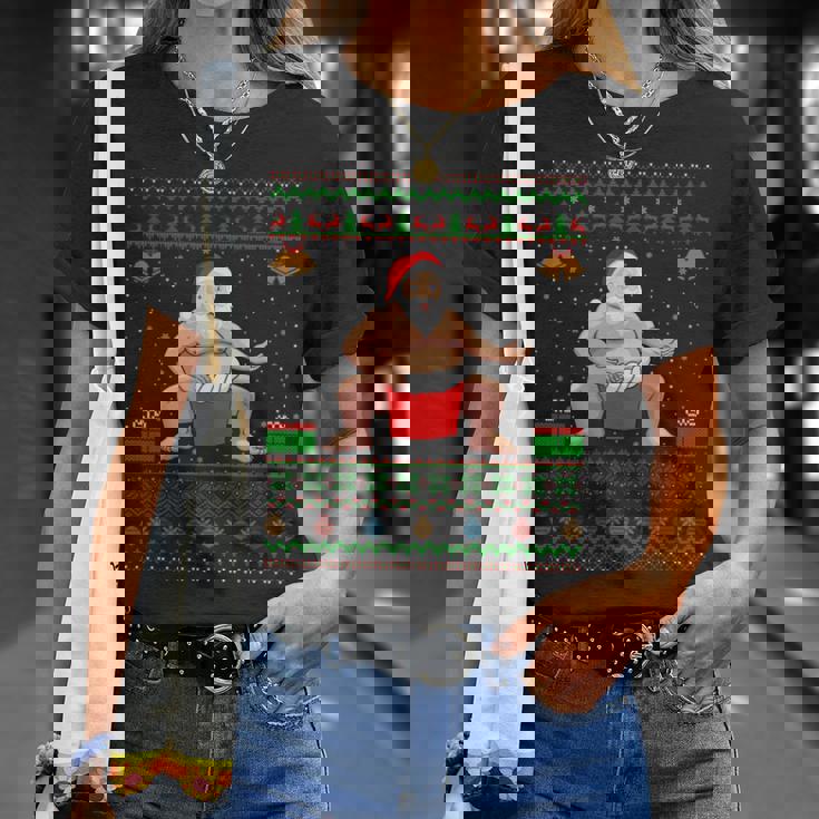 クリスマスセータースタイル サンタ相撲 アグリークリスマス 長袖tシャツ Tシャツ 彼女への贈り物