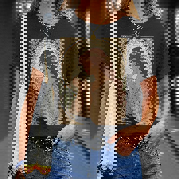 コーヒー好きのミュシャ風のアールヌーボー Tシャツ 彼女への贈り物