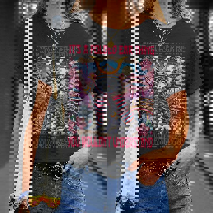 スコティッシュフォールド 耳 折れ 侍風景 Tシャツ 彼女への贈り物