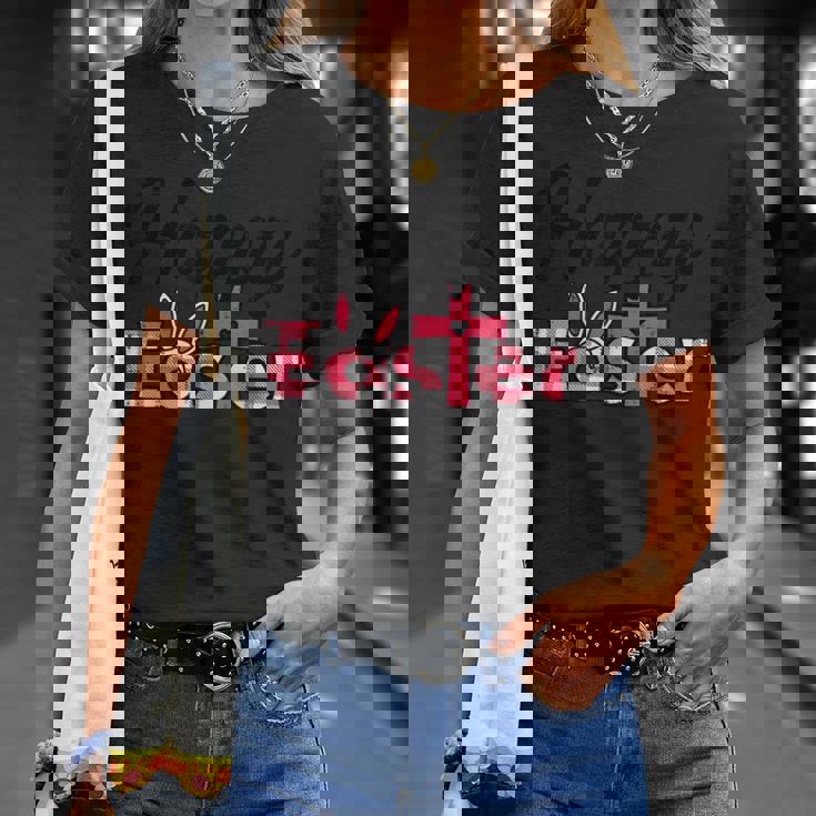 チェック柄ハッピーイースターバニー耳クロスかわいい宗教クリスチャン Tシャツ 彼女への贈り物