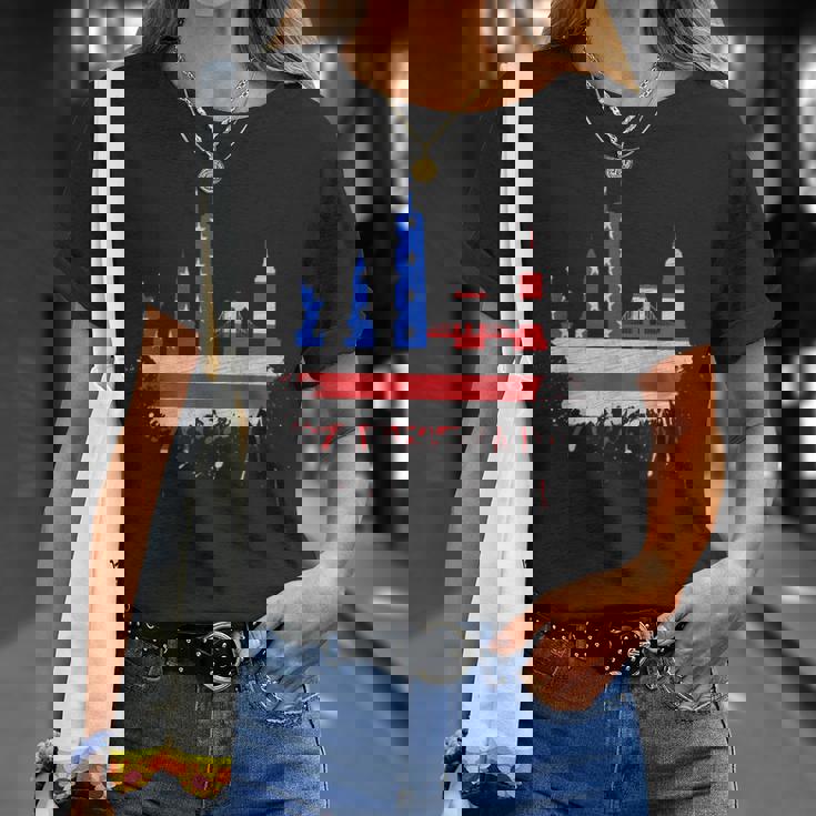 ニューヨーク・スカイライン 星条旗 アメリカ国旗アート Love Ny Tシャツ 彼女への贈り物