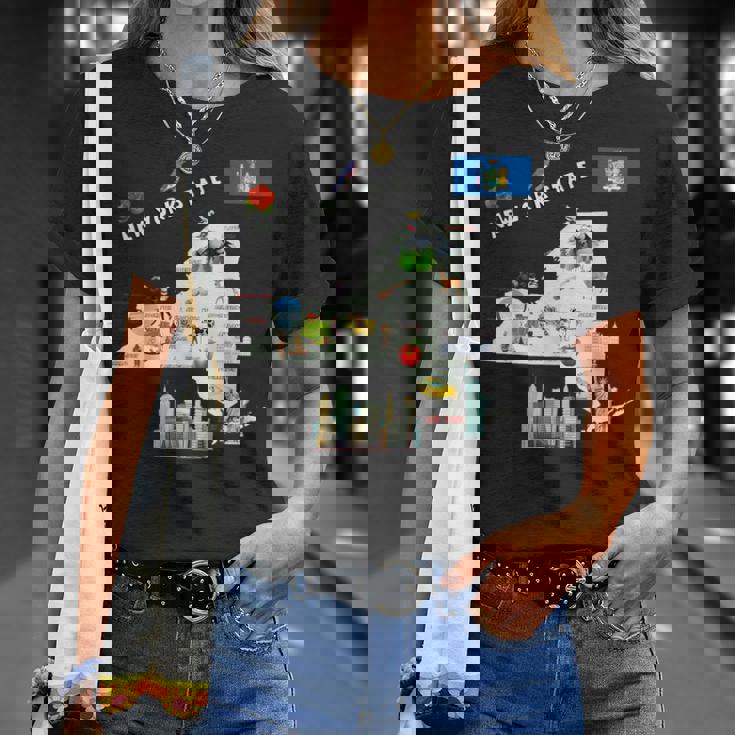 ニューヨーク州地図 観光地 都市 旗 Tシャツ 彼女への贈り物