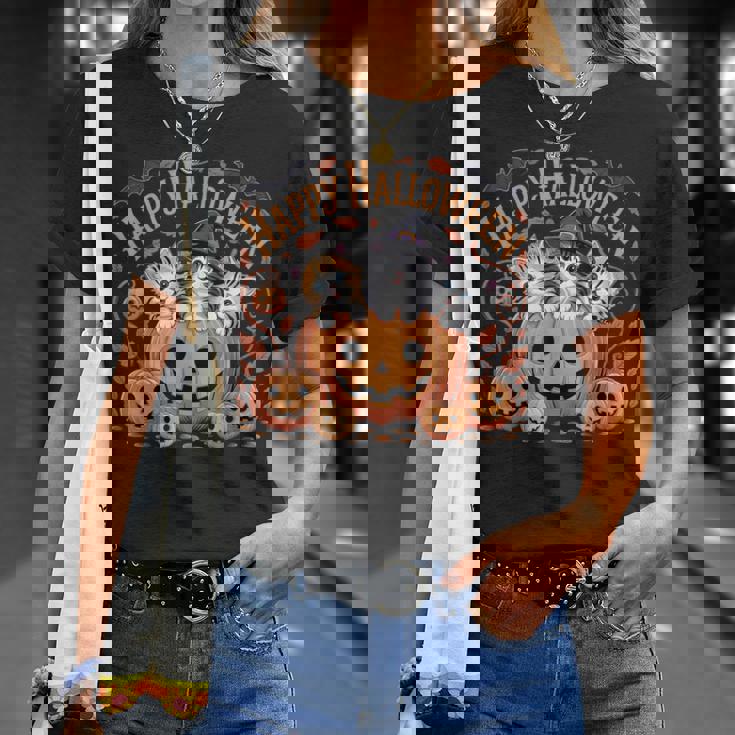 ハッピーハロウィン猫 パンプキン 魔女の帽子デザイン Tシャツ 彼女への贈り物