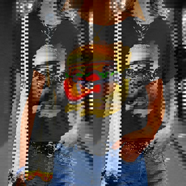 ハンバーガー 演奏 ギター ギタリスト ファニー ファーストフード ハンバーガー Tシャツ 彼女への贈り物